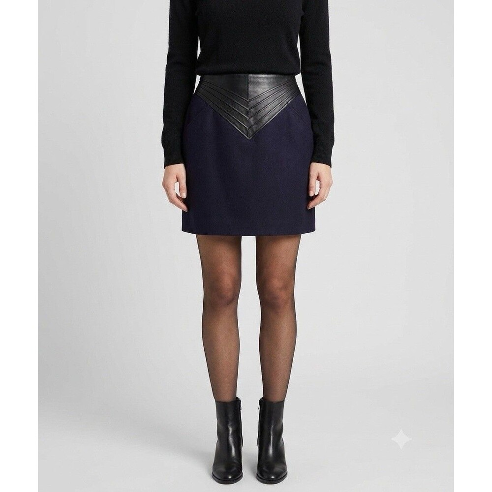 Vintage Jacques Molko Paris Wool Leather Accent Plum Mini Skirt Size FR 40